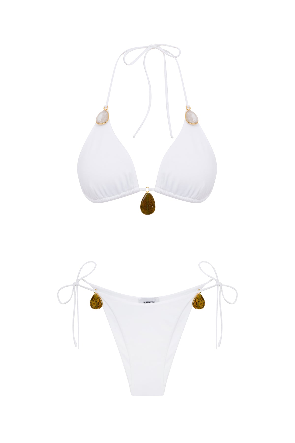 Kristal Kuvars Ve Akik Taşlı Üçgen Bikini Beyaz
