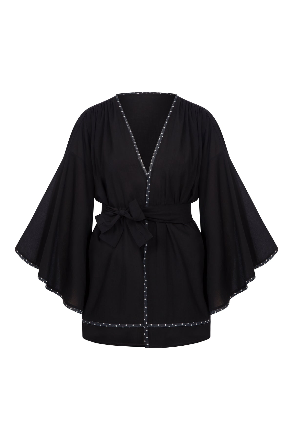Isalıne Puantiye Şeritli Kimono Pijama Set Siyah