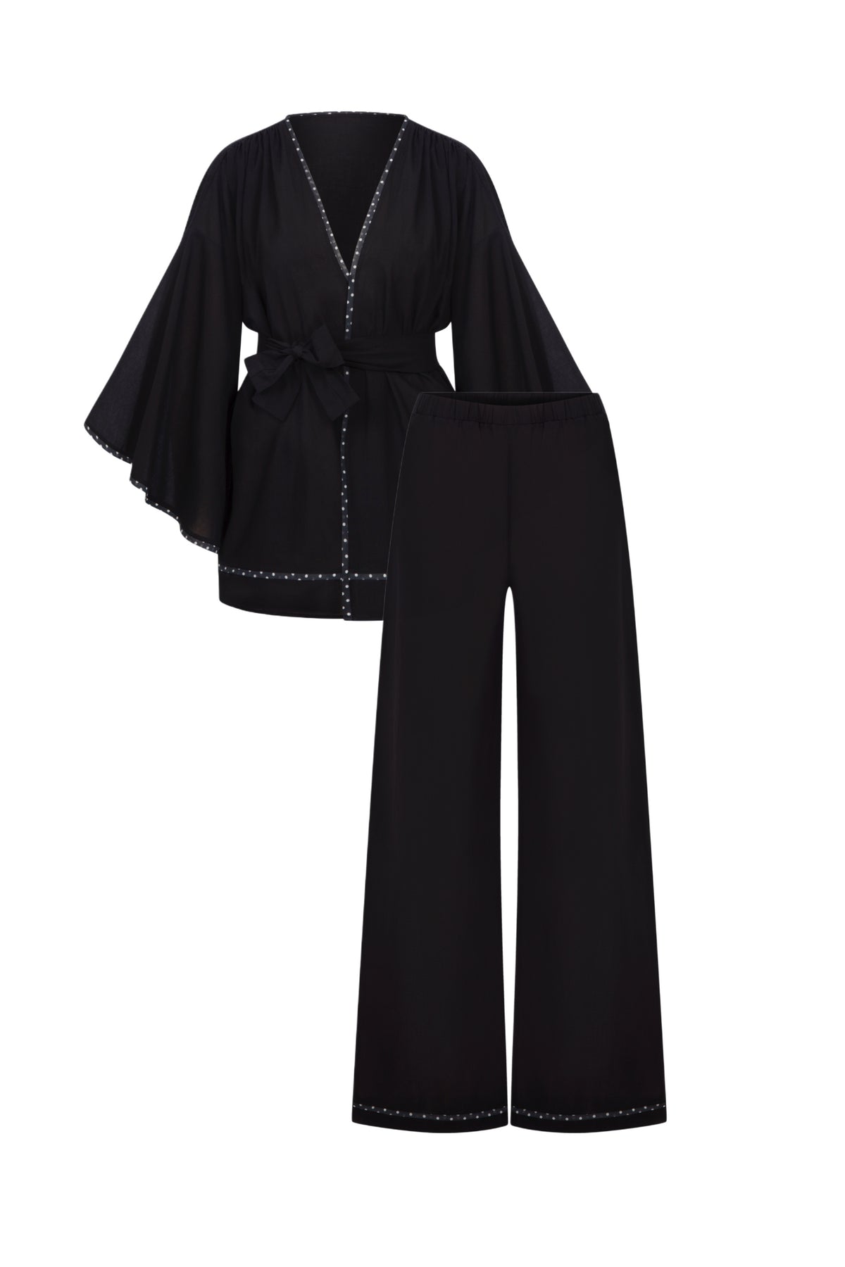 Isalıne Puantiye Şeritli Kimono Pijama Set Siyah