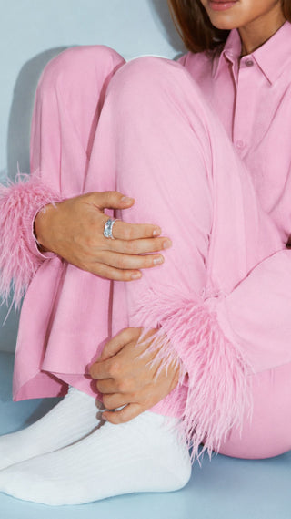 Seraphine Devekuşu Tüylü Pamuklu Pijama Set Pembe