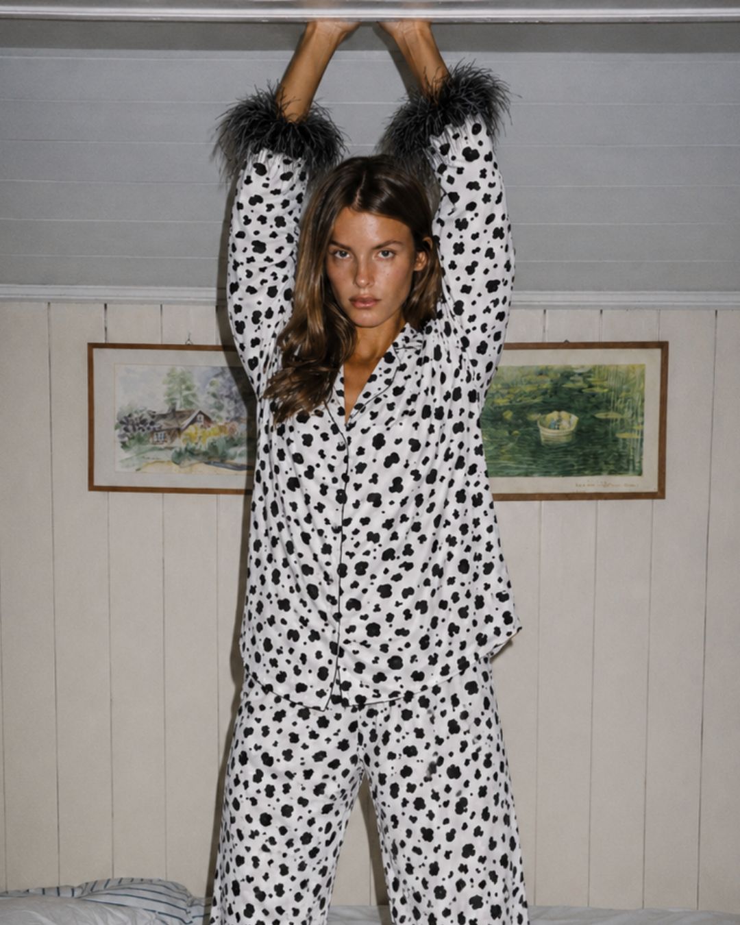 Dalia Dalmaçya Desen Devekuşu Tüylü Pamuklu Pijama Set