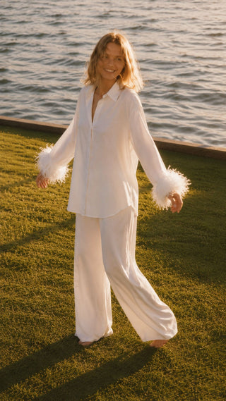 Seraphıne Devekuşu Tüylü Pamuklu Pijama Set Beyaz