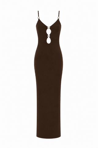 İnci Detay Cutout Elbise Koyu Kahve