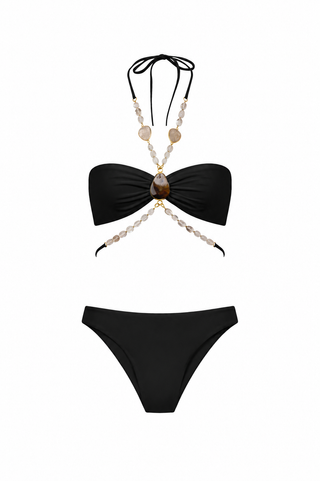 Akik Ve Kristal Kuvars Taşlı Straplez Bikini Siyah