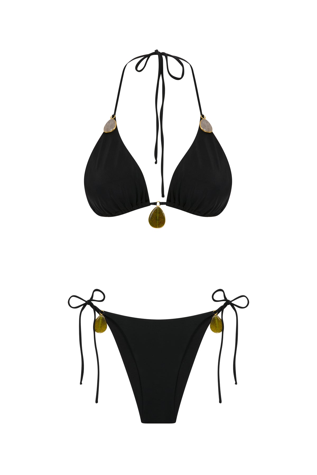 Kristal Kuvars Ve Akik Taşlı Üçgen Bikini Siyah