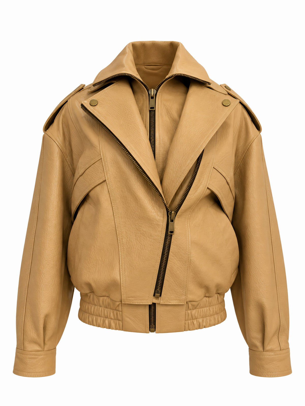 Maya Camel Çift Fermuarlı Deri Biker Ceket