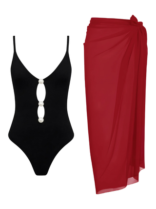 İncili Cutout Mayo & Kırmızı Pareo Set