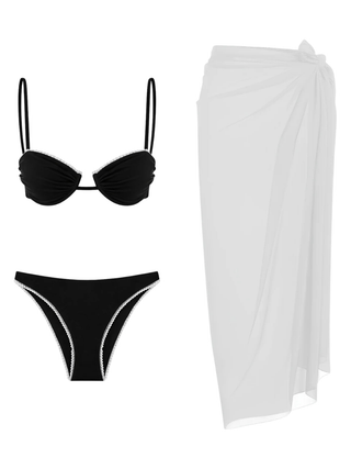Siyah Dantel Bikini & Beyaz Pareo Set
