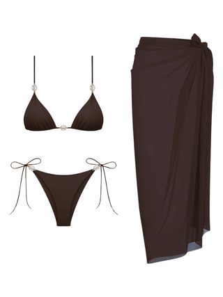 Koyu Kahve İncili Üçgen Bikini & Pareo Set