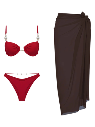 Kırmızı İncili Balenli Bikini & Kahve Pareo Set