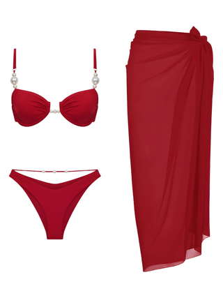 Kırmızı İncili Balenli Bikini & Pareo Set