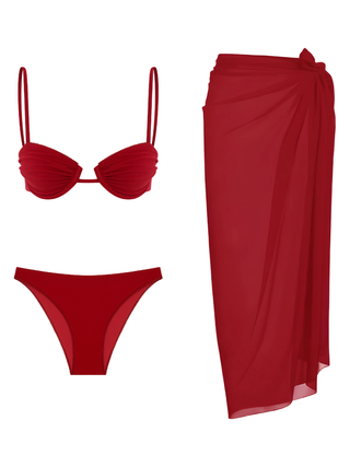 Kırmızı Dantel Balenli Bikini & Pareo Set