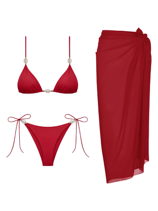 Kırmızı İncili Üçgen Bikini & Pareo Set