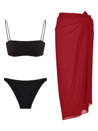 Siyah Straplez Bikini & Kırmızı Pareo Set